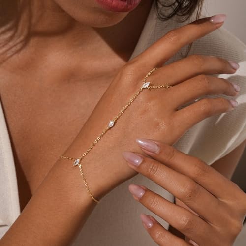 Bracelets for Women, Dainty Gold Silver Ring Bracelet Hand Chain | Cubic Zirconia Pearl Charms, 14K Gold Plated, Adjustable Fit, Trendy Stackable Link Chain, Waterproof Jewelry, Gift for Her - color: Gold-marquise hand chain