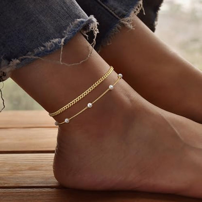 Gold Ankle Bracelets for Women, Dainty 14K Gold Plated Anklets for Women Waterproof Cuban Link Chain Pearl Anklet Set Trendy Layered Stackable Ankle Bracelet Non Tarnish Jewelry for Her - color: A0028