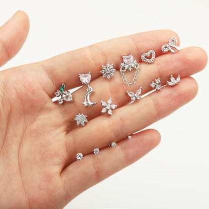 BSJ4U Nose Rings L Shaped for Women Nose Piercings 20G Surgical Stainless Steel Nose Studs CZ Heart Butterfly Flower Cherry Bow Moon Dangle Nose Piercing Jewelry - color: Silver Clear Nose Rings