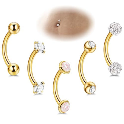 5PCS 14G 316L Stainless Steel Small Belly Button Rings for Women Tiny Simple Internally Threaded Navel Rings Hypoallergenic Petite CZ Opal Eyebrow Lip Daith Rook Piercing Jewelry 6-16MM - color: Gold, size: Bar Length：12MM ( little long )