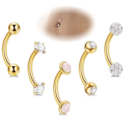 5PCS 14G 316L Stainless Steel Small Belly Button Rings for Women Tiny Simple Internally Threaded Navel Rings Hypoallergenic Petite CZ Opal Eyebrow Lip Daith Rook Piercing Jewelry 6-16MM - color: Gold, size: Bar Length：14MM ( long )