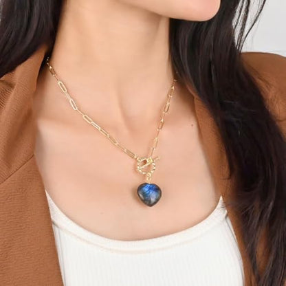 Gempires Gemstone Heart Pendant Necklace for Women, Gold Toggle Birthstone | Handmade gemstone heart pendant necklace — choose from 11 stones and birthstones, gold toggle paperclip chain. - color: Labradorite