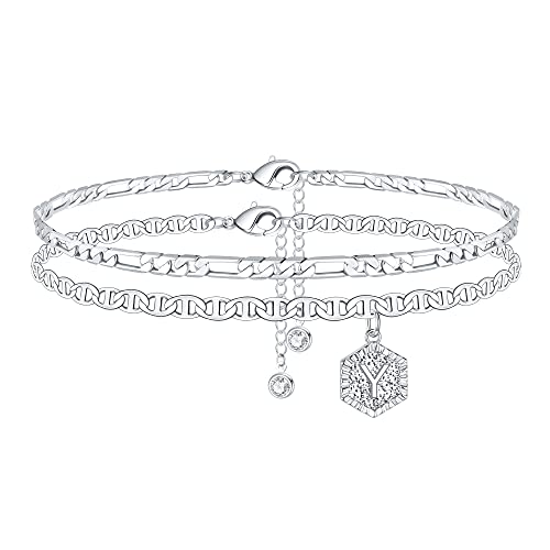 Memorjew Ankle Bracelets for Women, 14K-Gold-Plated Initial A-Z Anklet | Figaro Chain Layered 14K-Gold-Plated Hexagon Letter Anklets for Women, Summer Foot Chain Jewelry Gifts, Ankle Bracelets Gifts - style: Y-Silver-Plated