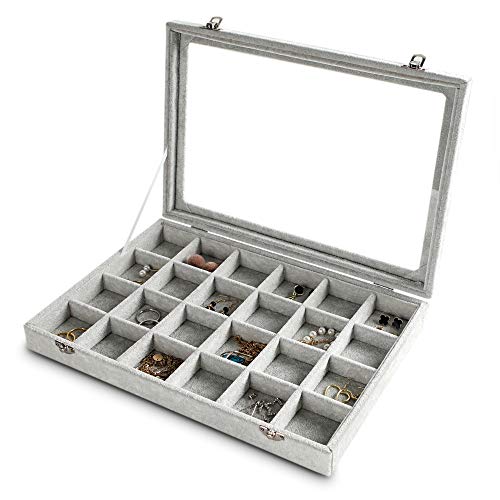 Frebeauty 24 Grid Jewelry Tray with Clear Lid, Velvet Earring Organizer | Drawer Jewelry Organizer for Rings Studs Brooch,Adjustable Divider,Dustproof Design,Earring Storage,Trinket Box,13.8×9.5Inch - color: Grey, size: 24 Slots