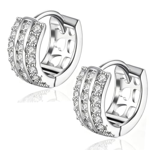 14K Rose Gold Plated Three Row Cubic Zirconia Small Huggie Hoop Earrings Fashion Jewelry for Men Women - color: white2