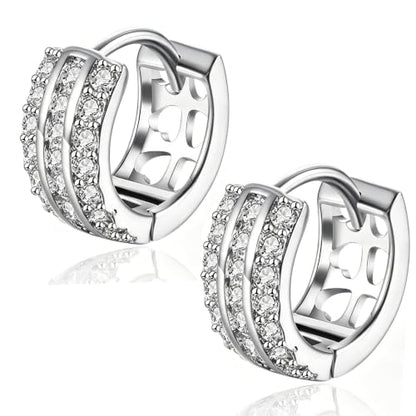 14K Rose Gold Plated Three Row Cubic Zirconia Small Huggie Hoop Earrings Fashion Jewelry for Men Women - color: white2
