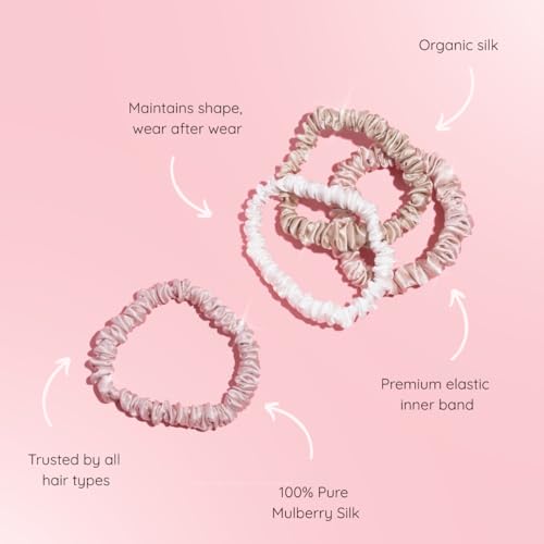 SILKIE x4 Set 100% Pure Mulberry Silk Pink Nude Neutral Skinny Scrunchies Travel Pouch Everyday Hair Ties Elastics Hair Care Ponytail Holder No Damage (Nudes) - color: Nudes