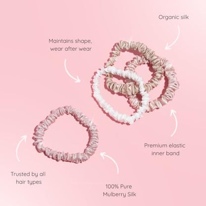 SILKIE x4 Set 100% Pure Mulberry Silk Pink Nude Neutral Skinny Scrunchies Travel Pouch Everyday Hair Ties Elastics Hair Care Ponytail Holder No Damage (Nudes) - color: Nudes