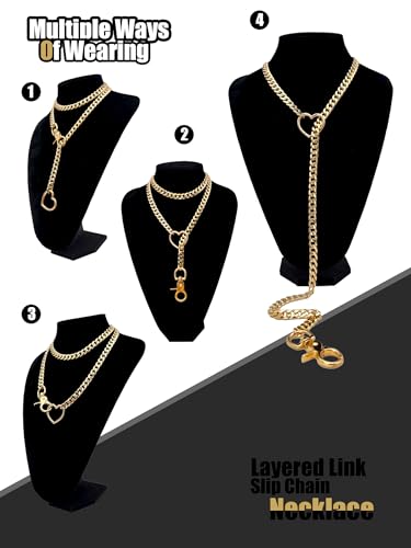 paloli Women's Slip Chain Rainbow Heart O-Ring Chunky Chain Necklace, Rays Cuban Long Layered Jewelry, Adjustable Lariat Y-Necklace Heart Loop Choker - color: B-Heart-Gold