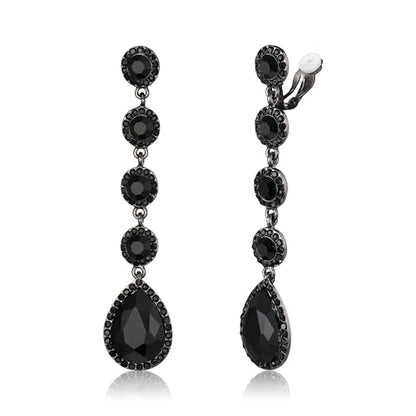 EleQueen Women's Wedding Crystal Teardrop Pear Shape 3 Inch Clip on Long Dangle Earrings for Bride Bridesmaid, Jewelry for Party Prom/Anniversary - color: Black Black -Tone