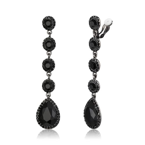 EleQueen Women's Wedding Crystal Teardrop Pear Shape 3 Inch Clip on Long Dangle Earrings for Bride Bridesmaid, Jewelry for Party Prom/Anniversary - color: Black Black -Tone