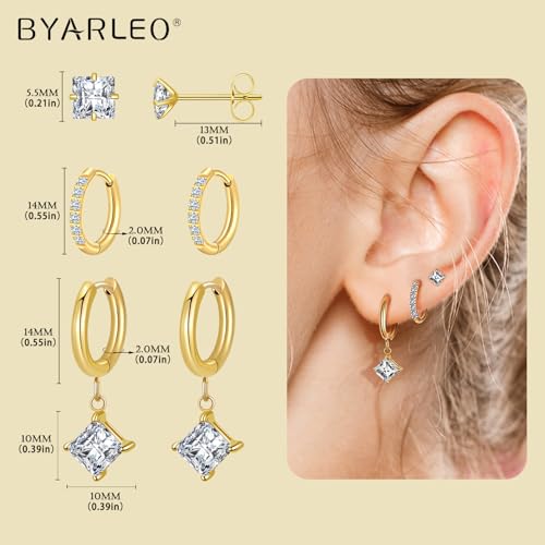 Surgical Steel Small Stud Clover Drop Dangle Huggie Hoop CZ Stud Earrings - color: E-14K Gold Plated S