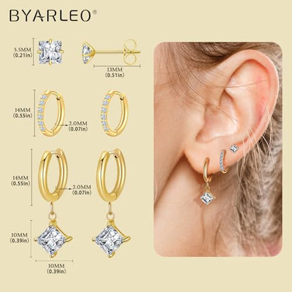 Surgical Steel Small Stud Clover Drop Dangle Huggie Hoop CZ Stud Earrings - color: E-14K Gold Plated S