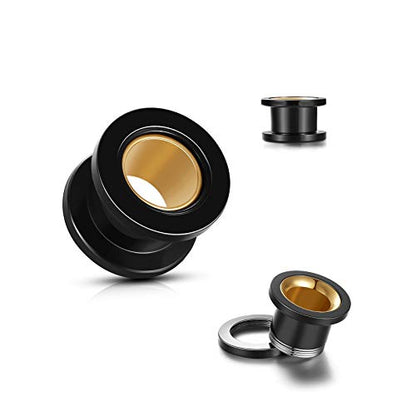 WBRWP 2pcs Hollow Gold Stainless Steel with Zircon Ear Plugs Tunnels - Ear Expander - Ear Gauges Stretcher Body Piercing Jewelry 8g-5/8 - color: Black with Gold Steel