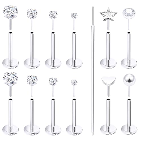 Prjndjw 18G 20G 16G Push in Threadless Nose Rings Stud Earrings Hypoallergenic Flat Back Surgical Stainless Steel Cubic Zircon Helix/Cartilage/Tragus/Lobe Earrings Lip Labret Snake Bite Jewelry - color: 20G Straight Threadless Push In Nose Rings