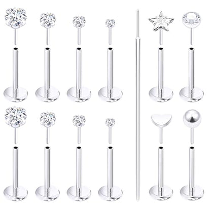 Prjndjw 18G 20G 16G Push in Threadless Nose Rings Stud Earrings Hypoallergenic Flat Back Surgical Stainless Steel Cubic Zircon Helix/Cartilage/Tragus/Lobe Earrings Lip Labret Snake Bite Jewelry - color: 18G Straight Threadless Push In Nose Rings