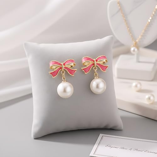 Gold Bow Earrings for Women, Long Tassel Chain Drop Earrings, Trendy Small Bow Earrings, Ribbon Waterfall Dangling Earrings, Pearl Bow Earrings, Sparkly Elegant Bowknot Preppy Jewelry Gifts for Women - color: Pink Bow-K3