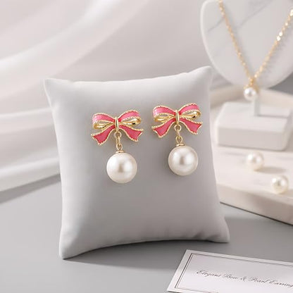 Gold Bow Earrings for Women, Long Tassel Chain Drop Earrings, Trendy Small Bow Earrings, Ribbon Waterfall Dangling Earrings, Pearl Bow Earrings, Sparkly Elegant Bowknot Preppy Jewelry Gifts for Women - color: Pink Bow-K3