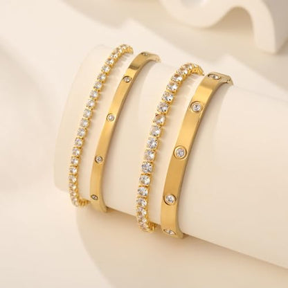 18K Gold Plated Dainty Tennis Bracelets Set 4mm/6mm Love Bangle Bracelets with 3mm/4mm Cubic Zirconia Classic Tennis Bracelet| Gold Bracelets for Women | Size 6.5/7/7.5 Inch - color: 3mm&4mm Gold Tennis Bangle, size: 7.5 Inches