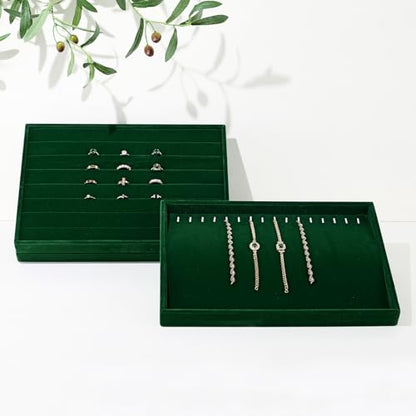 Velvet Necklace & Bracelet Tray with Raised Ridge Design Green | 16 Slots, For Necklace & Bracelet Storage, Anti-Tangle, Durable - size: 16 Slot
