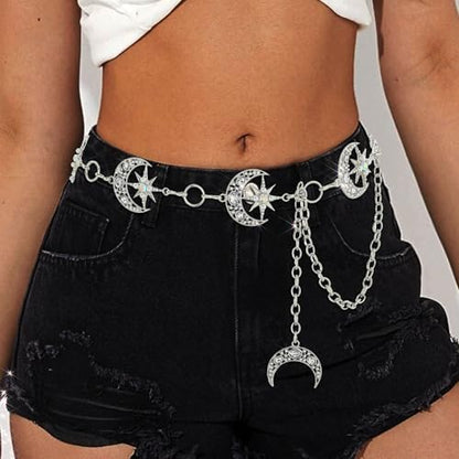 Rhinestone Moon Chain Belt Sparkly Star Waist Chain Adjustable Body Jewley for Women Dress Belt Accessory - style: Silver moon star C