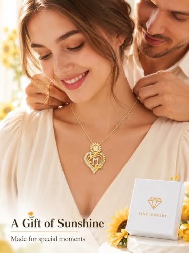 14K Gold Sunflower Initial Necklaces for Women | Heart Letter Pendant You Are My Sunshine Jewelry Gifts - style: M
