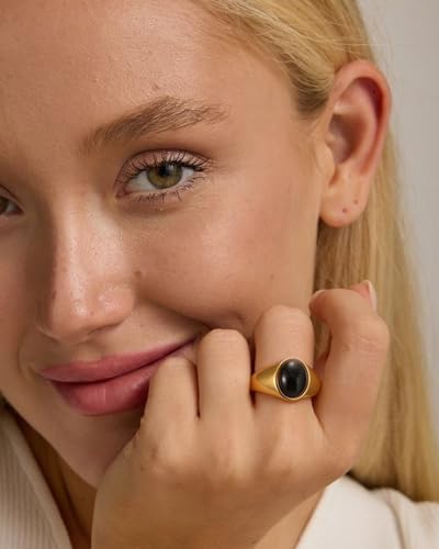 YeGieonr Gold Signet Rings for Women Non Tarnish Gold Rings, Waterproof Gemstones Statement Ring, 18K Gold Plated Stainless Steel Gem Stone Jewelry Gift for Everyday Wear - color: Black Onxy