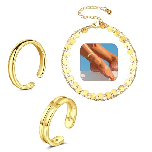 Briana Williams Toe Rings for Women Gold Silver Toe Ring Non Tarnish Ankle Bracelets for Women Waterproof Anklet & Toe Ring Set Trendy Summer Beach Foot Jewelry - color: B2 -2pcs toe rings + anklets, golden
