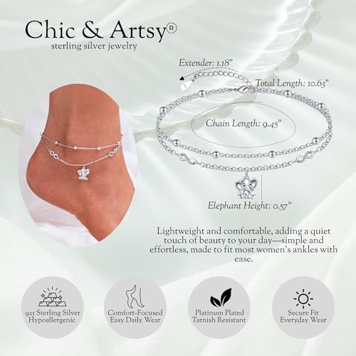 CHIC & ARTSY 925 Sterling Silver Ankle Bracelets for Women, Adjustable Layered Foot Chains with Nature & Symbol Charms, Lightweight Comfort Fit Boho Beach Everyday Jewelry - color: 4# Elephant Anklet