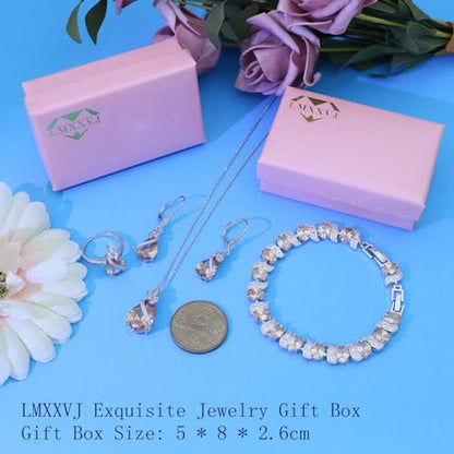 LMXXVJ Jewelry Set for Women,Teardrop Cubic Zirconia Necklace Earrings Adjustable Ring Bracelet Jewelry Set Formal Jewelry Gift - color: SYSD-White Gold-Champagne