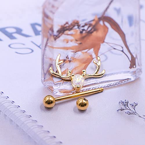 2PCS 14G 316L Stainless Steel Opal Nipple Rings Deer Head Nipple Barbell Nipple Piercings Jewelry for Women - color: gold