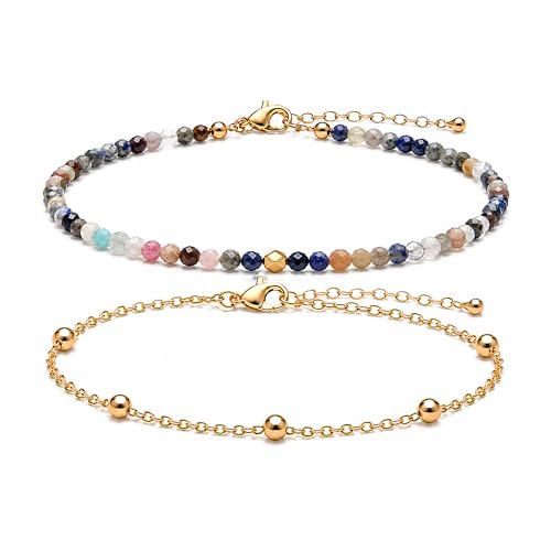 2Pcs Beaded Anklets for Women, Natural Stone Bead Ankle Bracelets with 14K Gold Plated Chain, Waterproof Adjustable Layered Anklet Set, Boho Beach Summer Jewelry Gift - color: Rainbow Crystal