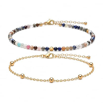 2Pcs Beaded Anklets for Women, Natural Stone Bead Ankle Bracelets with 14K Gold Plated Chain, Waterproof Adjustable Layered Anklet Set, Boho Beach Summer Jewelry Gift - color: Rainbow Crystal