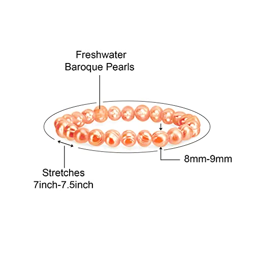 Savlano 8-9MM Cultured Freshwater Baroque Pearl Stretch Bracelet 7 Inches. Available In a Range of Beautiful Colors, For Women Comes with Gift Box - color: Peach