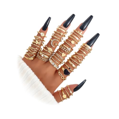 Golden Knuckle Rings Set for Women, 14k Golden Plated Open Stacking Knuckle Midi Rings Dainty Cubic Zirconia Crystal Simple Hollow Cute Rings Pack Jewelry Gifte - color: Golden 49PCS