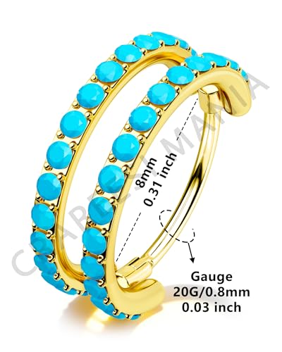 Nose Ring Hoop, 316L Stainless Steel Double Nose Rings, 20G Nose Piercing Jewelry for Women, Clear CZ Helix Cartilage Septum Nose Hoops - color: Turquoise-Gold-8mm