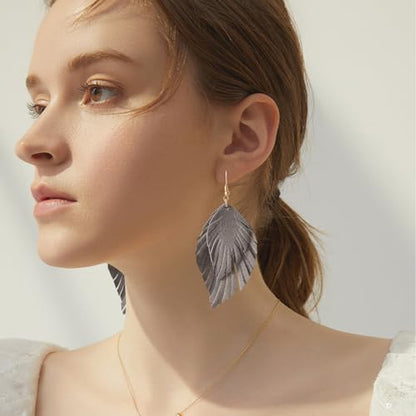 Handmade Bohemian Large Soft Genuine Leather Fringe Double Feather Dangle Drop Earrings Lightweight Simple Color PU Leaf Hook Earrings for Women - color: Grey