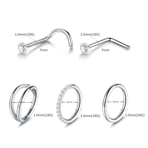 Xpircn 5pcs Hoop Nose Rings and L Shaped Nose Rings Stud Set 18G/20G Stainless Steel CZ Helix Conch Daith Tragus Cartilage Hoop Earrings for Women 6mm 7mm 8mm 10mm - color: Silver, size: 18G, 6mm hoop & 7mm studs
