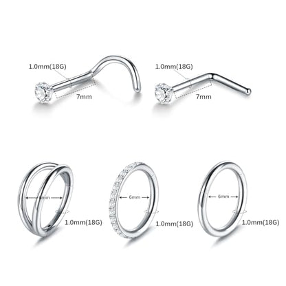 Xpircn 5pcs Hoop Nose Rings and L Shaped Nose Rings Stud Set 18G/20G Stainless Steel CZ Helix Conch Daith Tragus Cartilage Hoop Earrings for Women 6mm 7mm 8mm 10mm - color: Silver, size: 18G, 6mm hoop & 7mm studs