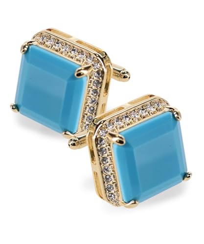 Large Big Square Crystal Color Stone Cuff Links for Men – Tuxedo Suit Accessories, Cufflinks for Men - style: Matte Sky/Gold