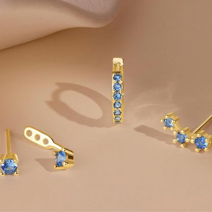 3 Pairs Dainty Small Earrings Set for Women Trendy, Birthstone Stud Huggie Hoop Jacket Stack for Cartilage Helix, Gold Plated Hypoallergenic Cute Women Fashion Accessories Western Jewelry Gifts - color: 12Blue Created Topaz-Dec (Gold)