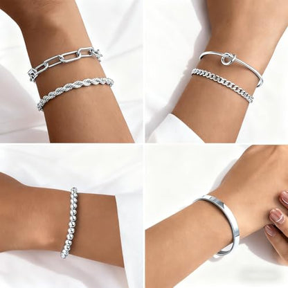 Gold Bracelets for Women, 5 Pcs Non-Tarnish Gold Plated Stackable Bangles with Beaded, Knot, Twisted, Cuff & Chain Designs, Everyday Jewelry Gifts - color: Silver-5pcs