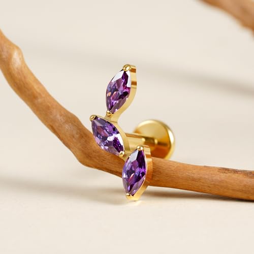 FINE4U 16G CZ Cluster Climber Cartilage Earring for Helix, Tragus - ASTM F136 Titanium Triple Marquise Labret Stud, Screw on Nickel Free Flat Back Jewelry - color: Triple Marquise - Amethyst CZ - Gold