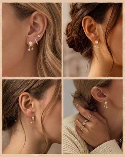 Dangle Gold Earrings for Women Trendy Triple Huggie Chain Earrings 14K Gold Plated Statement Cute Drop Dangle Earrings Dainty Hypoallergenic Chunky Hoop Earrings Fun Earring Stacks Jewelry - color: H-Star Earrings