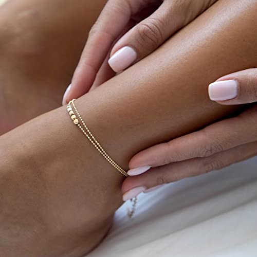 14K Gold Plated Layered Satellite Beads Heart Anklets Layering Rhinestone Cubic Zirconia Ankle Bracelets for Women Minimalist Summer Beach Foot Chain Ankle Jewelry for Her - style: 2 Layered 5 Dots+Beaded-GD
