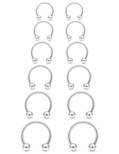 Hoeudjo 16G Septum Rings Stainless Steel Horseshoe Hoop Ring Lip Rings Hoop Smiley Piercing Jewelry for Women Men Diameter 6mm 8mm 10mm 12mm 14mm 16mm - color: silvertone
