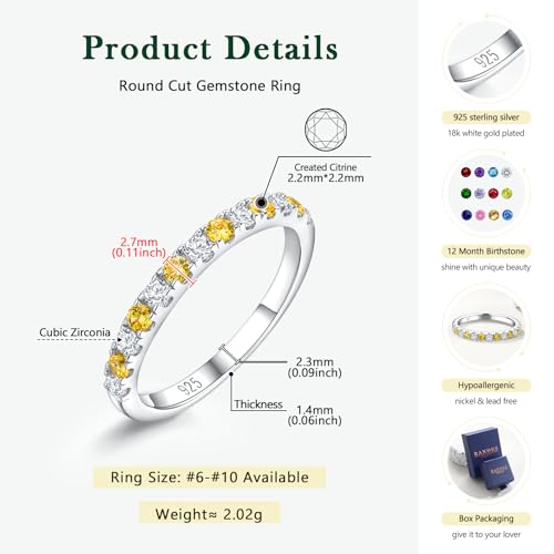 Birthstone Rings Eternity Band 925 Sterling Silver/Yellow Gold-Plated Created Gemstone Stackable Wedding Band 2.7mm Thin Half Eternity Rings for Women Size 6 to 10 - color: 11-Citrine-Nov.