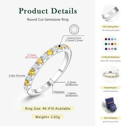 Birthstone Rings Eternity Band 925 Sterling Silver/Yellow Gold-Plated Created Gemstone Stackable Wedding Band 2.7mm Thin Half Eternity Rings for Women Size 6 to 10 - color: 11-Citrine-Nov.