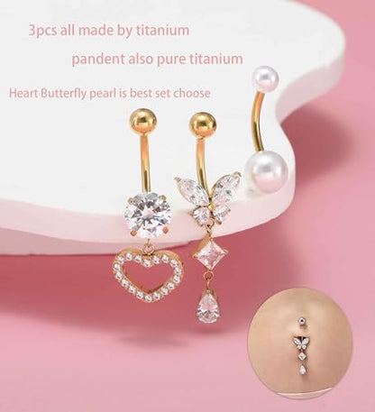 TIANCI FBYJS 3pcs G23 Titanium Pink Belly Button Rings Internally Threaded 10mm Clicker Reverse Curved Hoop Navel Barbell Piercing Jewelry CZ Belly Rings for Women Men - color: gold set 8