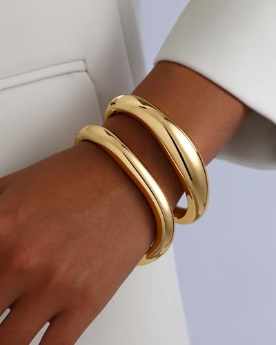 2pcs Gold Bangle Bracelets for Women, Trendy Hinged Cuff Open Wide Chunky Gold Bracelet Stack Arm Cuff Jewelry for Women - color: A-Gold Bangles